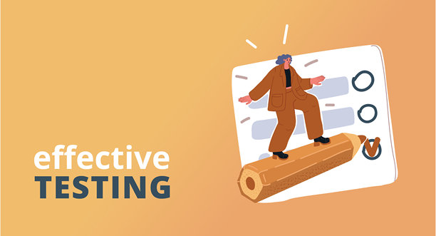 一名女子骑着巨型铅笔在答题纸上标记答案的矢量插画概念，背景为黄色图片下载