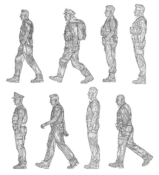 身着制服的男警察摆出各种姿势，每人持有一把手枪，背景为纯白色。极简的线框插画风格，营造出现代艺术感。侧面视角。图片下载