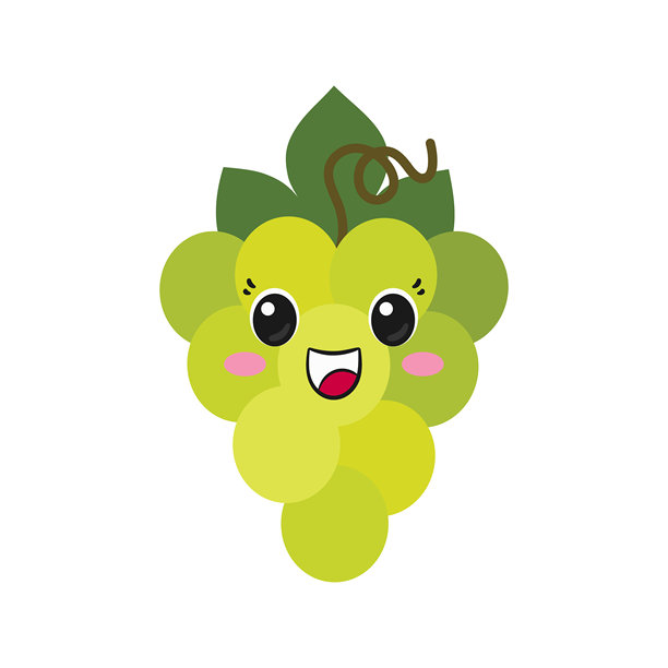 绿葡萄，喜悦、开心的情绪，可爱的卡通人物，快乐的笑脸，可爱风格，大眼睛，成熟多汁，象征白葡萄酒，表情符号，图标矢量插画。图片下载