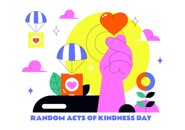 2月17日随机善举日矢量插画，在扁平卡通背景上展示各种传递爱与幸福的小行动图片下载