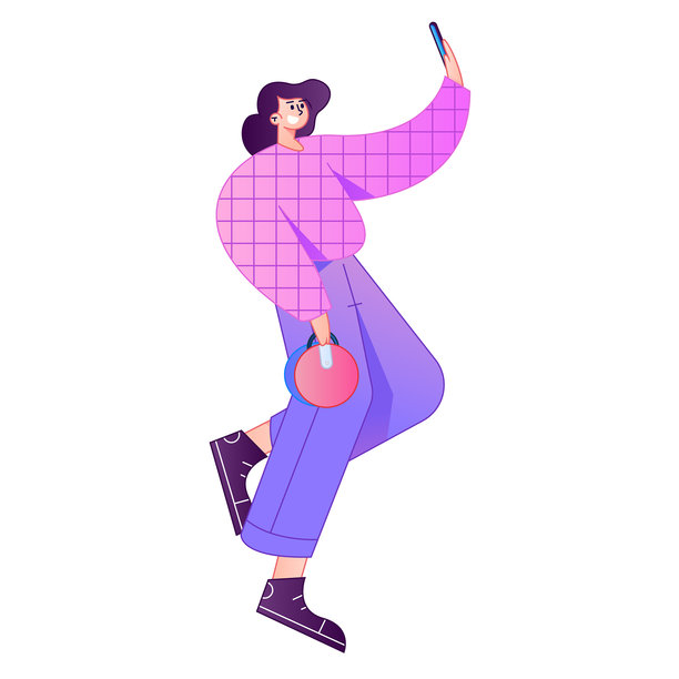 矢量渐变插画：一个人拿着手机与他人进行社交互动。图片下载