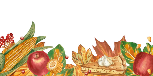 秋季丰收，苹果、玉米、一块南瓜派、荚蒾子、秋叶。感恩节插画，手绘水彩风格。适用于纸张印刷、家居纺织品装饰、明信片。图片下载