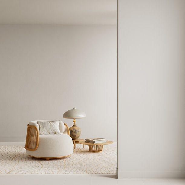 柔和简约的客厅角落，配有舒适的扶手椅、藤编细节、中性色调和宁静的负空间风格，适用于现代家居内部的3D插画图片下载