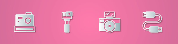 纸艺风格的相机照片图标，带有闪光灯和USB数据线。矢量图。图片下载