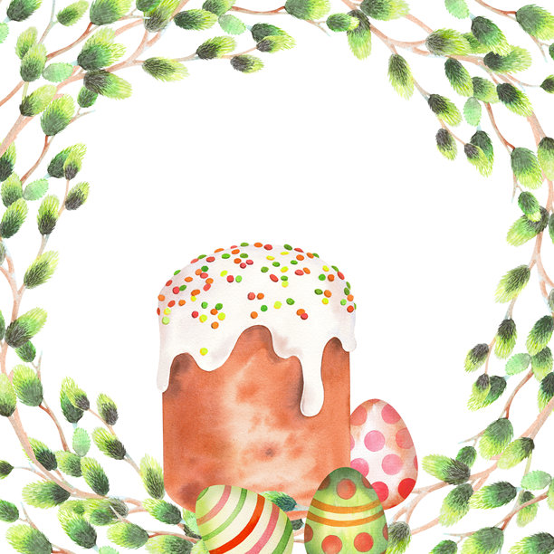 柳枝、复活节蛋糕和彩蛋的方形画框。水彩插画。适用于面料、壁纸、包装纸、贺卡、设计、装饰和插画。图片下载