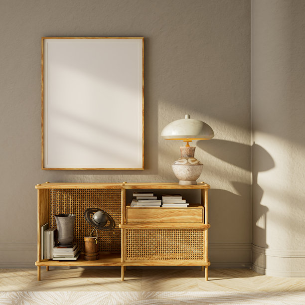 中性美学的客厅室内设计，上方为藤制橱柜，配有海报框模型，柔和的日光和简约的现代设计背景。3D插画。图片下载