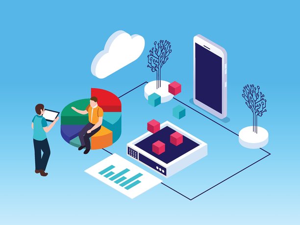 移动数据分析、商业智能和云计算三维矢量插画图片下载