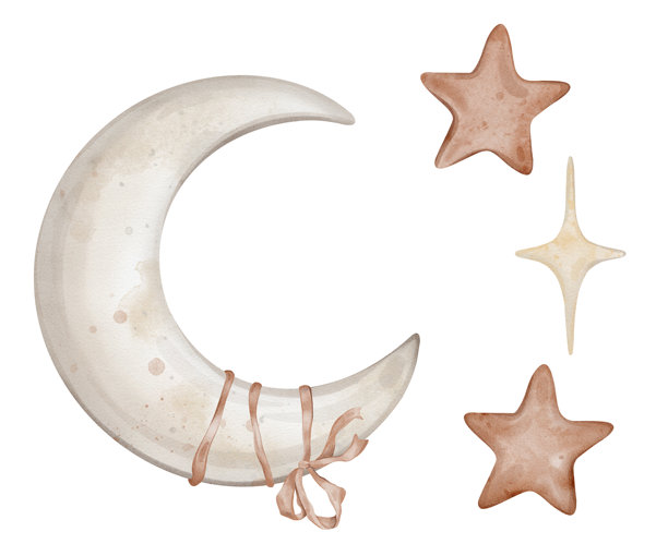 一套水彩插画，包含用丝带系住的可爱月亮和星星，色彩柔和，呈米色、黄色和红色。这些绘画元素营造出梦幻的氛围，适合儿童贺卡或托儿所墙面艺术。图片下载