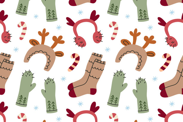 扁平卡通矢量插画，舒适的冬季图案，包含羊毛袜、手套、驯鹿发带、拐杖糖和雪花，节日气氛，圣诞装饰的无缝设计图片下载