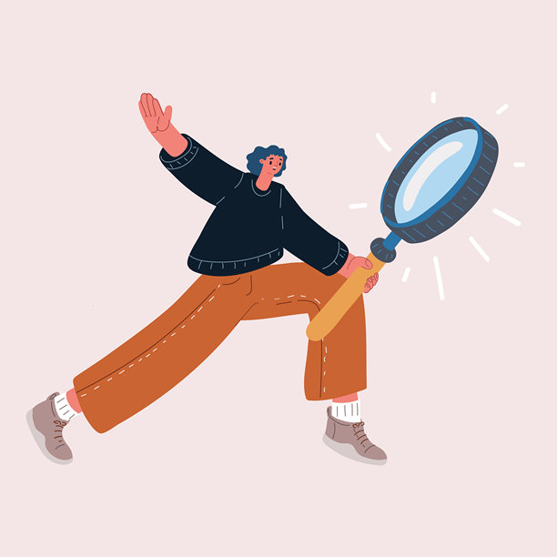 矢量插画，描绘一位女士手持放大镜跳跃的概念图片下载