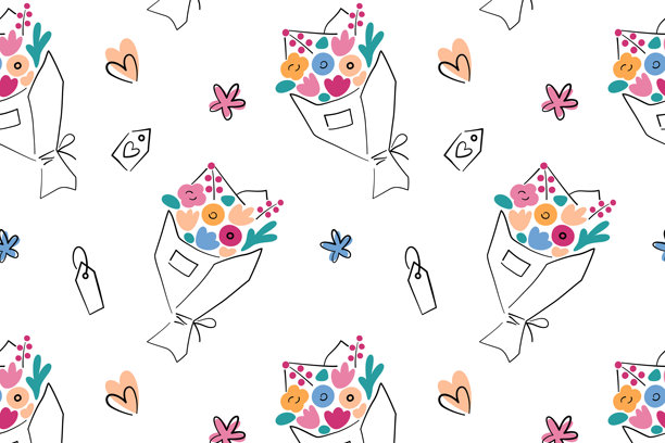 平面卡通矢量插画，包含花束和爱心组成的碎花图案，彩色图形与线条艺术，浪漫装饰主题，俏皮的氛围，可用于礼物、卡片和创意项目的无缝设计图片下载