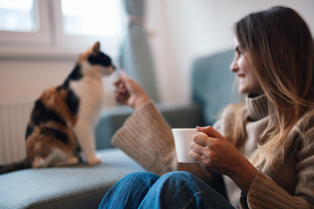 女人手持茶杯，与她的猫咪玩耍——素材图片图片下载