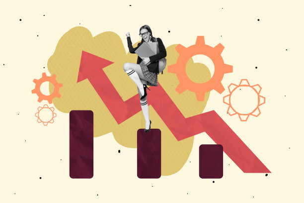 趋势图全幅艺术照片拼贴：快乐的女商人和男商人收到象征发展和成功的箭头，齿轮代表优化图片下载