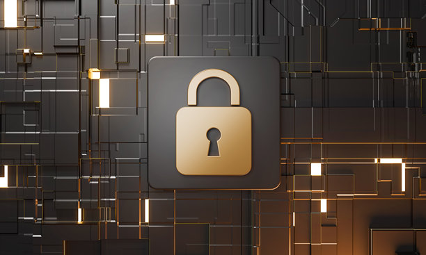 数字安全 金色挂锁的插画，背景是复杂的抽象图案和充满活力的未来主义电路图片下载