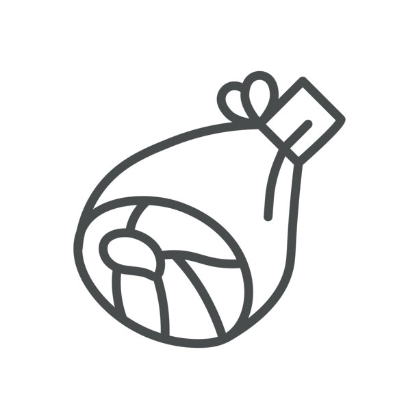 意大利熏火腿图标。卷曲的熏肉薄线条插画，象征意大利风干猪肉、美食熟食和细腻风味。孤立的轮廓矢量标志。图片下载