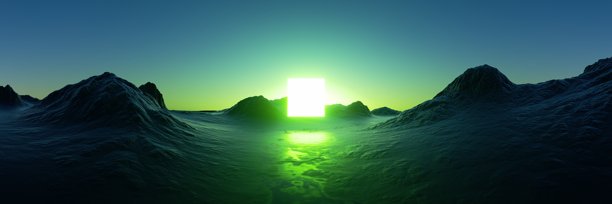 一幅奇幻景观，描绘了黑色的岩石山脉和一个发光的霓虹传送门。3D渲染插画。黑暗岩石地形的电影级科幻全景。图片下载