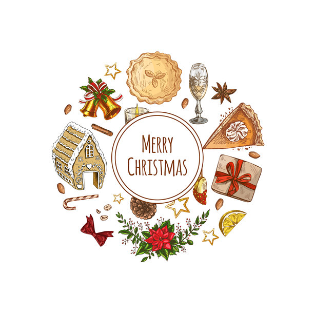 手绘复古圣诞风格的姜饼屋、礼物和甜点的圆形节日布局，矢量彩色插画图片下载