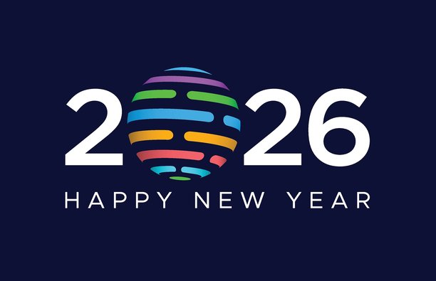 2026新年快乐字体标志，配以多彩科技地球，多彩数字球体或光纤，2026矢量插画，数据或科技主题，2026新年节日设计图片下载