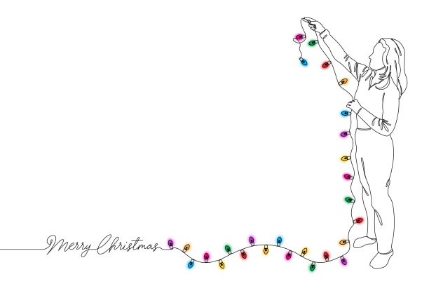 年轻女子用圣诞灯装饰的单线画风格插画图片下载
