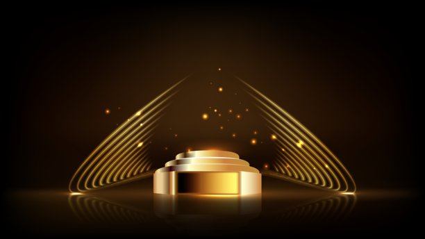 金色三层领奖台用于产品展示的矢量插画。抽象的金色空领奖台，带有霓虹发光的圆形框架和光线或翅膀，闪光纸屑雨落下图片下载