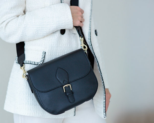 模特定制款黑色女士小手提包。现代潮流手提包照片。时尚配饰融入日常生活图片下载