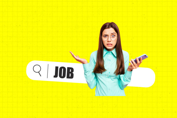 震惊女员工拿着手机放大镜网页搜索招聘空缺的潮流海报横幅3D拼贴照片图片下载