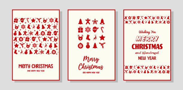 圣诞海报，附带祝福。装饰有圣诞老人、圣诞树、驯鹿、礼物和雪花图标的贺卡集。矢量插画图片下载