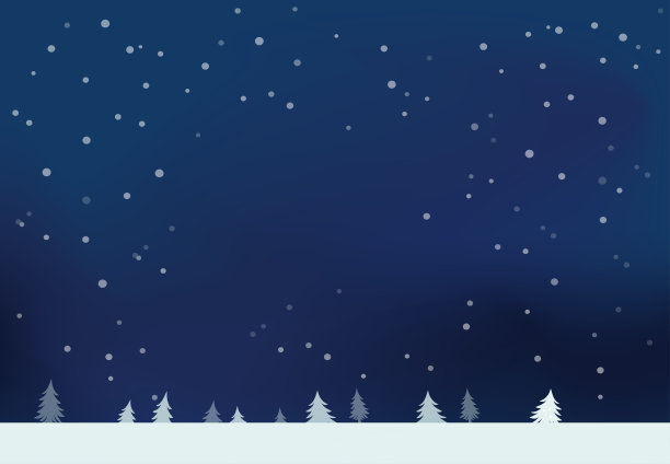 冬夜雪景矢量插画。飘雪的冬夜场景与松树的扁平化设计。黑暗的冬夜天空，伴有雪花和覆雪的田野矢量图。图片下载