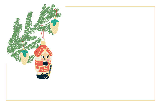 手绘圣诞横幅，饰有胡桃夹子玩具，悬挂在松树枝上，配有松果装饰品和装饰性边框。此插画代表了节日装饰和传统的圣诞象征。图片下载