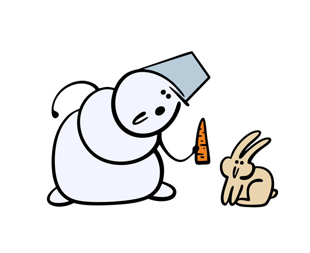 卡通雪人友好地将胡萝卜鼻子送给兔子，寓意新年。兔子和食物的矢量插画。给饥饿宠物的健康蔬菜，圣诞节喂养森林里的动物。图片下载