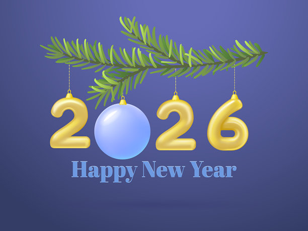 2026年圣诞装饰品挂在冷杉树枝上，配有新年快乐文字。平面矢量插画图片下载