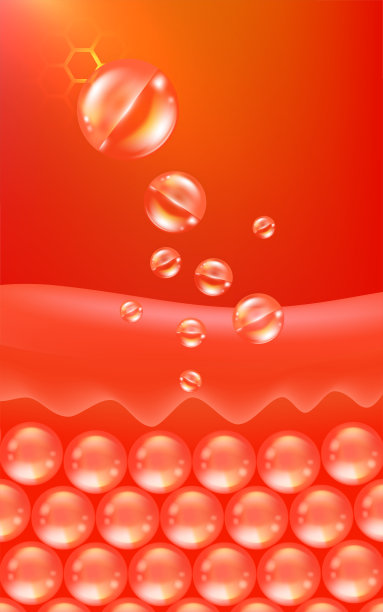 透明质酸和烟酰胺护肤精华广告，红色胶原蛋白精华滴入皮肤细胞，背景为化妆品广告，插画矢量图。图片下载