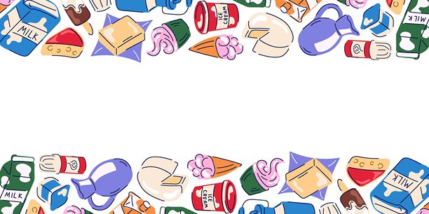 白色背景上以牛奶、奶酪、黄油、奶油和冰淇淋插画为主题的乳制品边框。图片下载