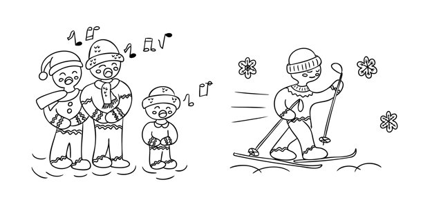 手绘的姜饼人戴着帽子和围巾，在雪中唱歌滑雪，孤立在白色背景上。这幅插画代表了冬季假期的家庭欢乐活动。图片下载