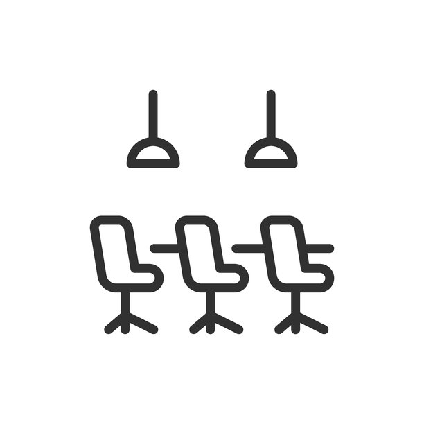 会议室，线性图标。带椅子和吊灯的办公空间。可编辑描边的线条。图片下载