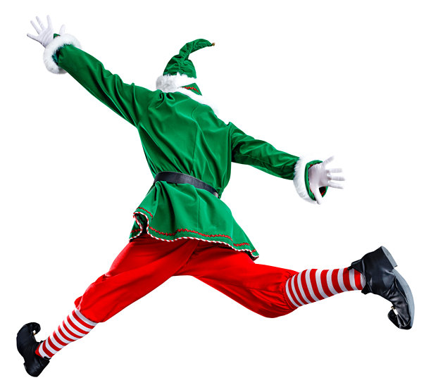 一张跳跃的圣诞小精灵服装的动态照片，背景为白色，非常适合节日宣传材料和节日设计。图片下载