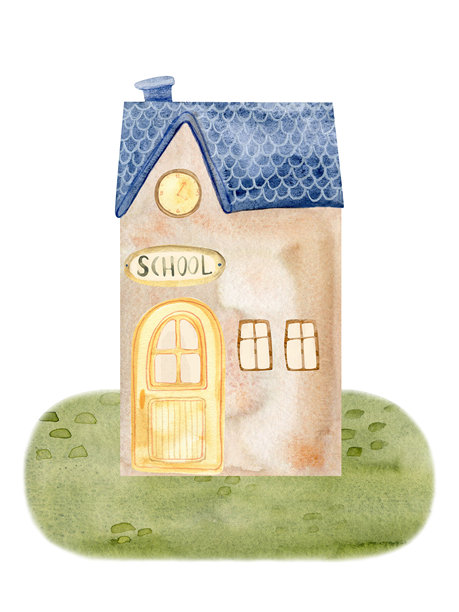 水彩插画，描绘了一座舒适的乡村小学建筑，周围有树木和云彩。学院、学前班、教育中心、大学入口的正面视图。图片下载