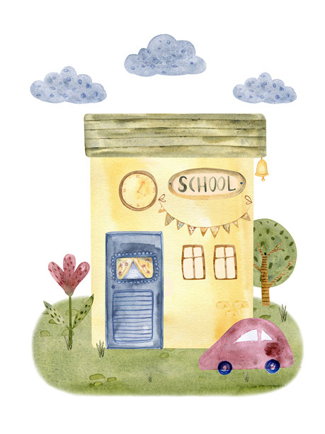 水彩插画，描绘了一栋舒适的乡村小学建筑，周围环绕着树木和云彩。学院、学前班、研究院、小学、公共教育中心、大学的入口正面。图片下载