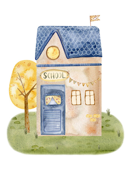一栋温馨的乡村小学水彩插画，配有树木和云彩。学院、学前班、研究院、小学、公共教育中心、大学入口正面图。图片下载