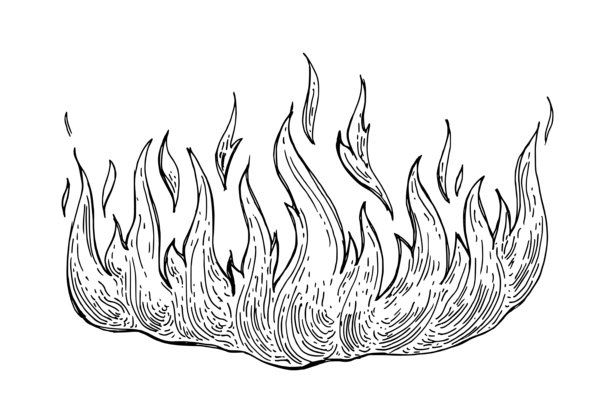 手绘火焰矢量墨水插画。复古火线横幅涂鸦素描，雕刻风格。火焰轮廓图标，孤立在白色背景上。轮廓篝火，线性火焰。图形涂鸦风格的复古线条艺术详细火焰标志图片下载