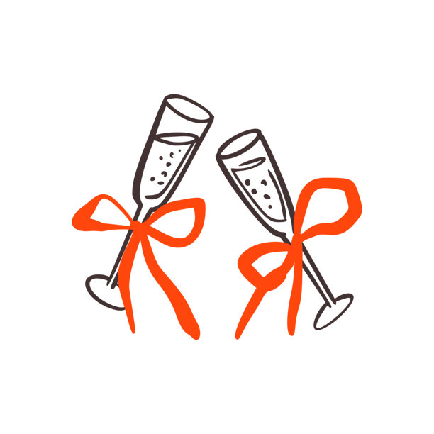 香槟杯搭配优雅的蝴蝶结插画，非常适合婚礼祝酒和庆祝设计。异想天开的手绘风格，节日普罗塞克起泡酒杯。情人节爱意浪漫蜡笔涂鸦图标图片下载