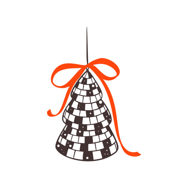 别致复古风格的异想天开迪斯科球圣诞树插画，配有丝带蝴蝶结和闪光效果，用于节日派对庆典和新年装饰。单身派对、少女生日蜡笔插画图片下载