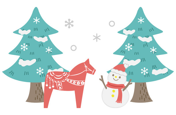 雪景中雪人与达拉马的插画图片下载