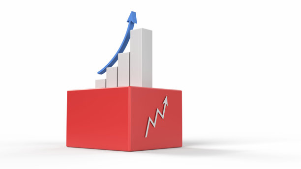 白色背景上，一个三维向上条形图表的斜侧视图，一个蓝色的向上箭头移动在一个创意现代的3D红色立方体形状的平台舞台上，带有阴影和复制空间。图片下载