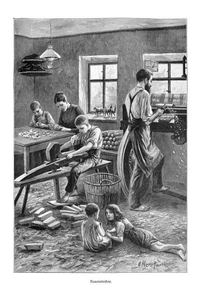 家庭工业：玩具制造车间，有工人和孩子，社交场景，19世纪插画图片下载