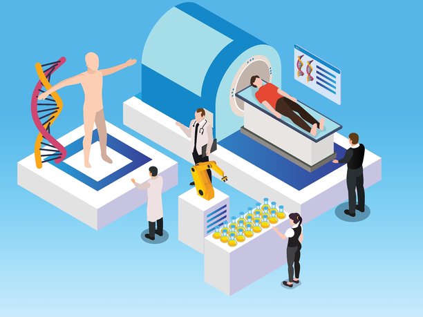基因研究、医学诊断和药物开发实验室 3D矢量插画图片下载