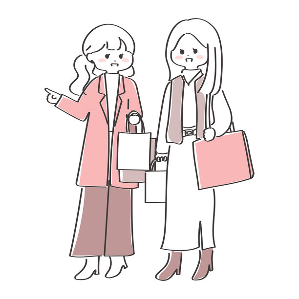 一对女性享受购物乐趣的手绘插画图片下载