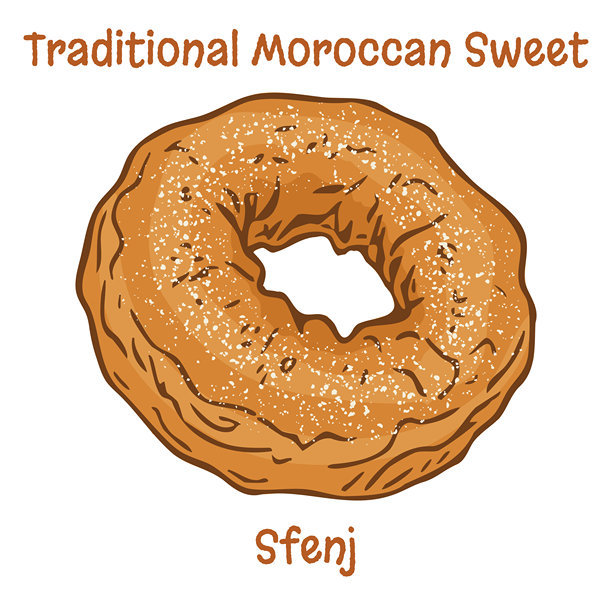 撒了糖粉的摩洛哥传统油炸甜甜圈 Sfenj，孤立的插画矢量图图片下载