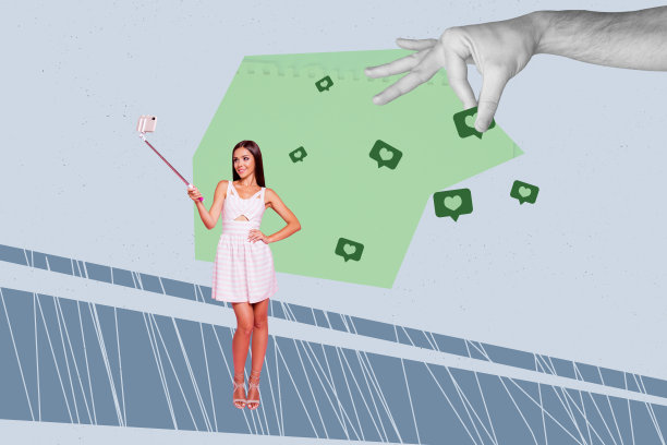 艺术创意拼贴照片，描绘一个快乐的女孩收到点赞、订阅者反应、热门博文内容，以及手 Pour Heart。图片下载