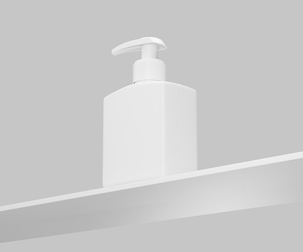 简约白色泵头分装瓶摆放在架子上，非常适合品牌化宣传的3D插画图片下载